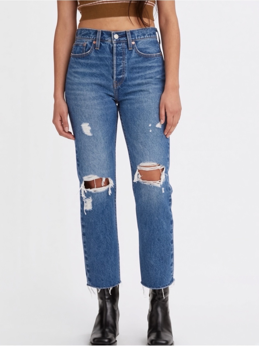 LEVI’S PREMIUM Blue High-Rise Straight Leg Distressed Jeans